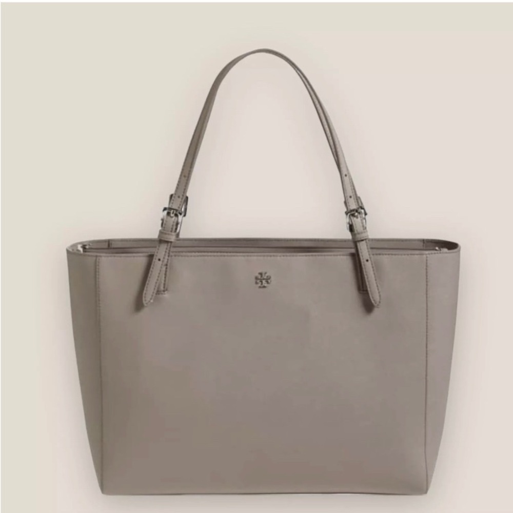 Tory Burch York Buckle Tote Taupe Grey Heron Purse Laptop Handbag